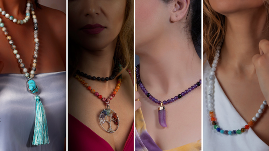 Models wearing Birrani handmade necklaces featuring turquoise, chakra tree of life, amethyst, and rainbow gemstone designs