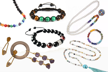 Handmade bohemian jewellery collection featuring mala necklaces, beaded bracelets, and gemstone earrings