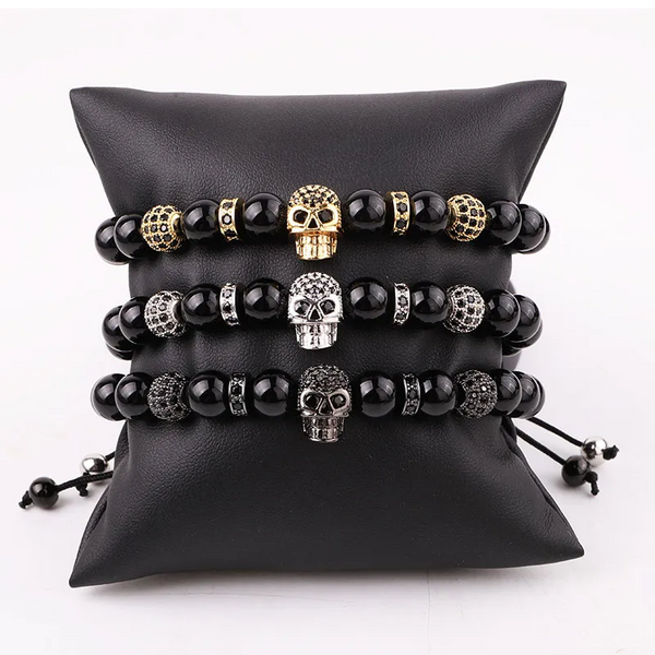 Adjustable Handmade Natural Stone Onyx Beads+Zircon Skull Charm Bracelet