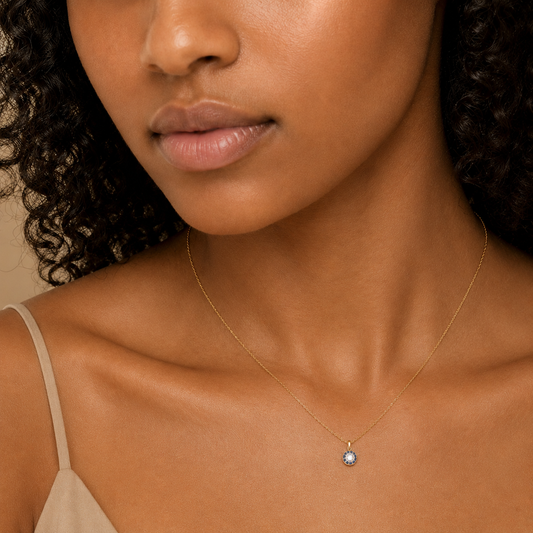 Close-up of a woman wearing a delicate necklace with a small pendant.
