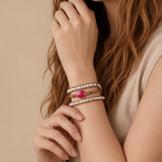 Close-up of a woman's wrist wearing multiple pearl bracelets with pink gemstones on a beige background.