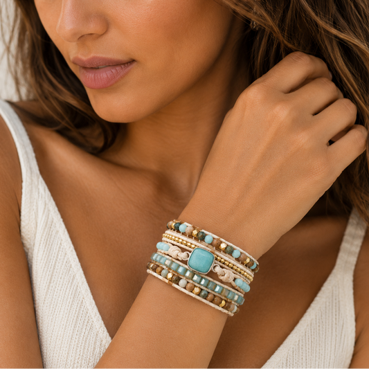 Woman wearing multiple bracelets on her wrist with a neutral background