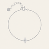 A delicate silver chain bracelet with a small star-shaped crystal charm at the bottom center, featuring an adjustable clasp with a heart-shaped tag engraved with 'LOVE'.