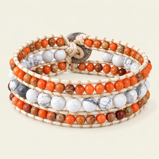 A stack of four wrap bracelets made of cream-colored cord and mixed stone beads, including bright orange, white-and-gray marbled beads, and earthy brown/rust beads, with a round metal clasp on a light beige background.
