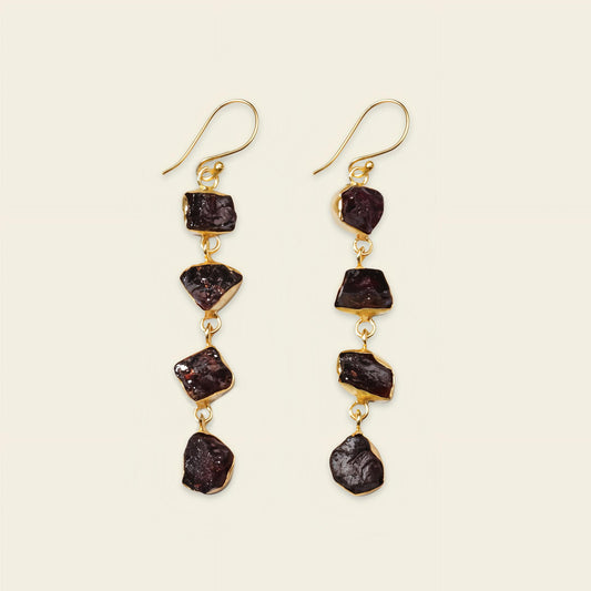 Gold earrings with dark gemstones on a beige background
