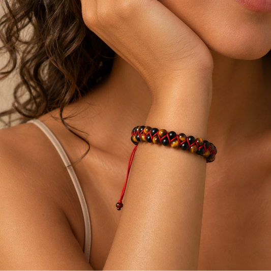 Close-up of a person wearing a beaded bracelet with red string on a neutral background
