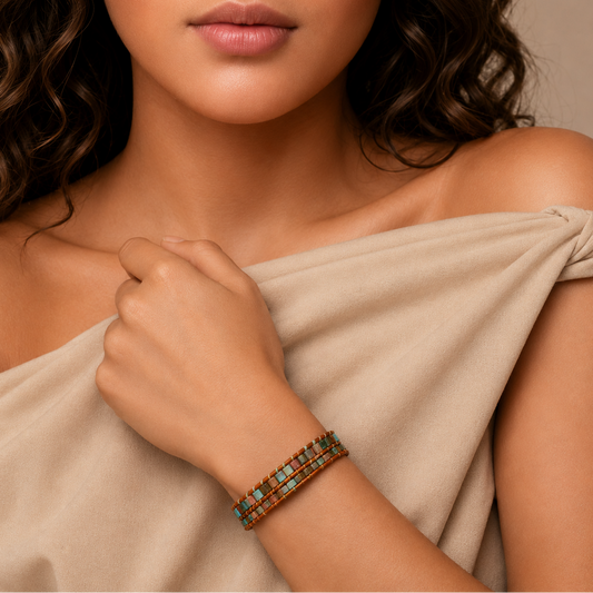 Close-up of a woman wearing a beige garment and a bracelet with turquoise stones on a neutral background
