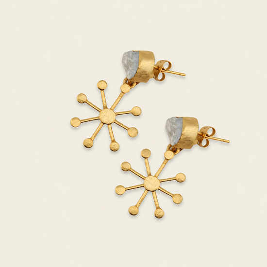 A pair of gold stud earrings with a mid-century modern sunburst design, featuring a textured gold center, radiating bars, and a small faceted gray stone accent at the top, set against a solid light beige background.