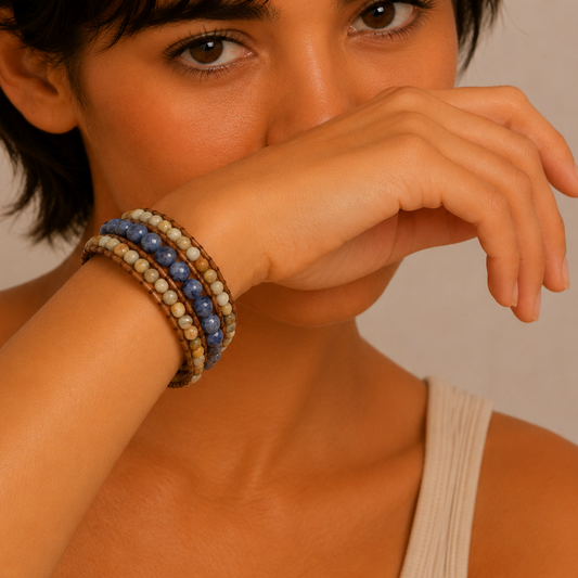 Woman with short hair wearing multiple bracelets on a neutral background