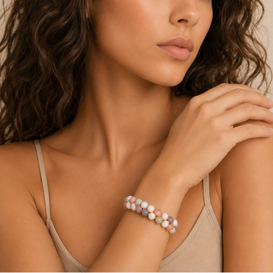 A close-up of a woman wearing a beaded stretch bracelet with pastel pink, white, and gray beads, paired with a beige spaghetti-strap top against a soft beige background.