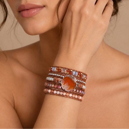 Close-up of a woman's arm wearing a bracelet with a neutral background