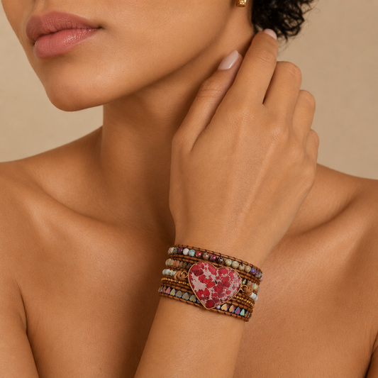 Close-up of a woman's hand wearing a colorful bracelet with a heart design on a beige background