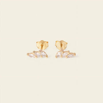 Gold earrings with clear stones on a beige background