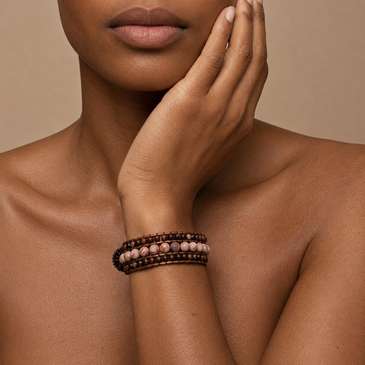 Close-up of a person wearing two beaded bracelets on a beige background