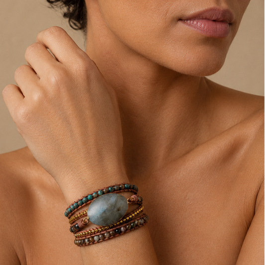 Woman wearing a stack of bracelets on her wrist against a neutral background