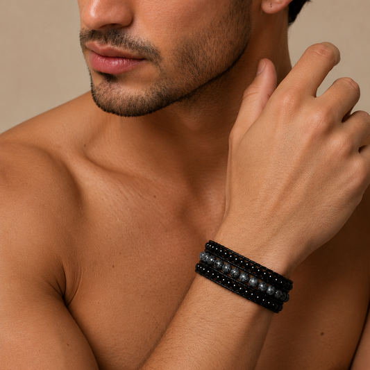 Man wearing a black beaded bracelet on a neutral background