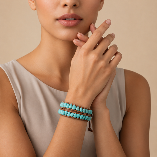 Woman wearing a turquoise beaded bracelet on a beige background