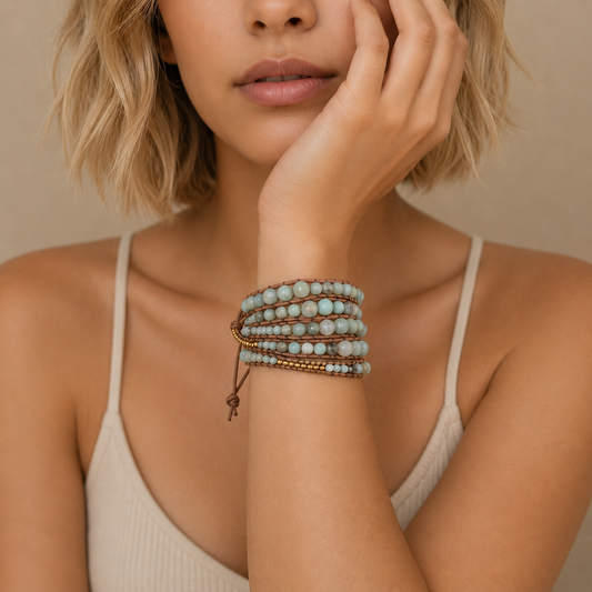 Woman wearing a stack of bracelets on her wrist against a neutral background