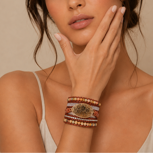 Woman wearing a bracelet with a neutral background