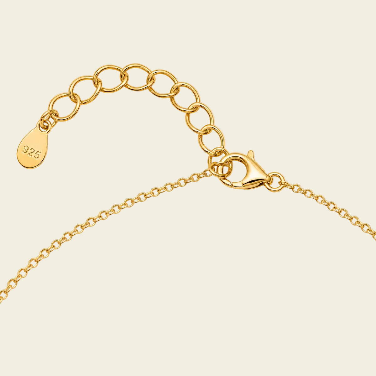 Close-up of a gold chain necklace showing an adjustable lobster clasp and a clasp on a light cream background.