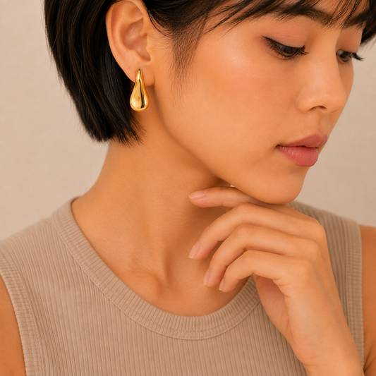 A close-up of a woman with short dark hair wearing a small gold teardrop-shaped earring, looking down and resting her hand near her chin. She is wearing a beige ribbed sleeveless top against a soft beige background.