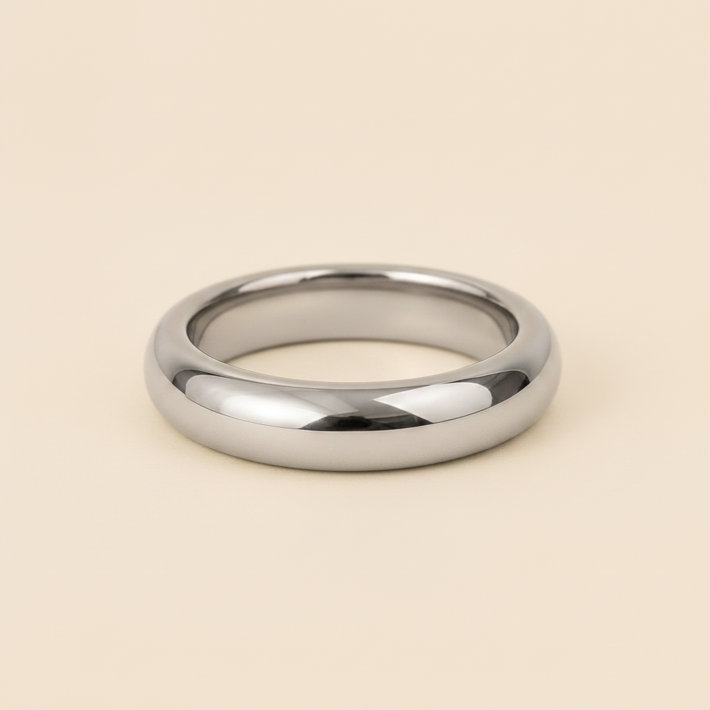 A polished silver band ring with a smooth, rounded profile, photographed on a clean, solid, warm beige background.