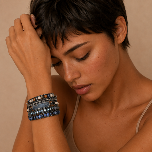 Woman wearing multiple bracelets on her wrist against a beige background