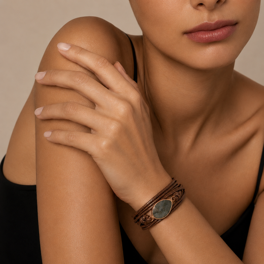 Close-up of a woman's arm with a bracelet on a neutral background