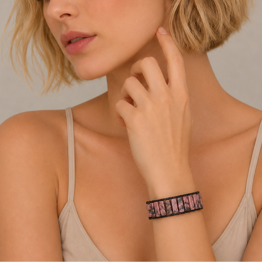 Woman wearing a bracelet with a neutral background
