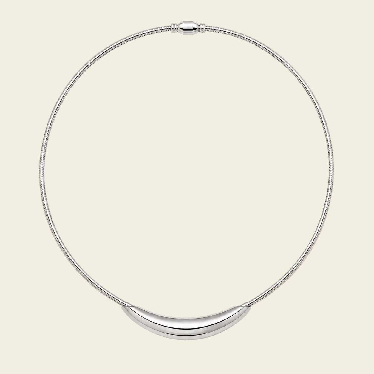 A silver snake chain necklace with a curved, polished silver bar pendant, displayed on a solid light beige background.