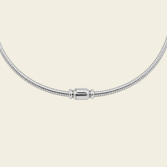 A silver snake chain necklace with a polished cylindrical clasp, displayed against a solid pale peach background.