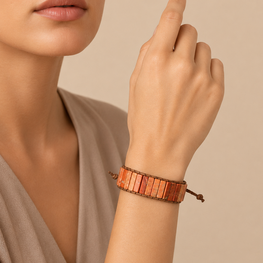 Woman wearing a copper bracelet on a beige background