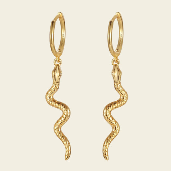 Gold hoop earrings with snake-like designs on a beige background