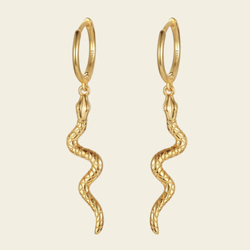 Gold hoop earrings with snake-like designs on a beige background