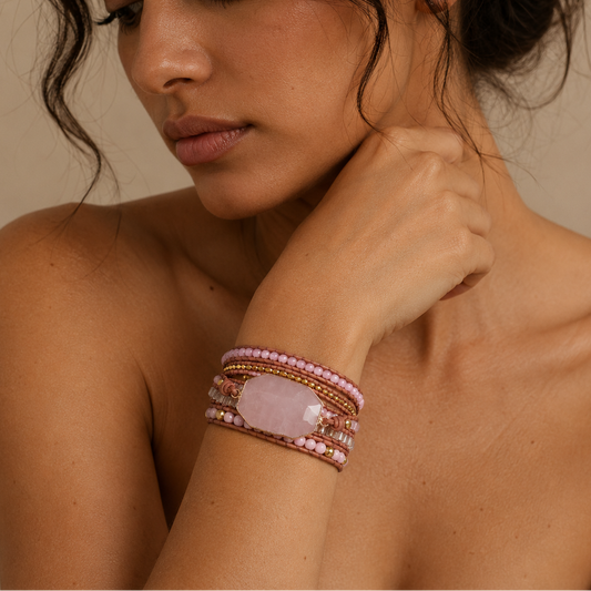 Woman wearing a stack of beaded bracelets on her wrist against a neutral background