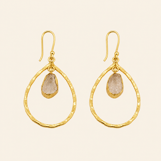 Gold earrings with teardrop-shaped gemstones on a beige background