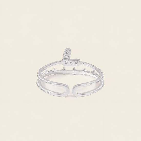 Silver ring with small stones on a light beige background
