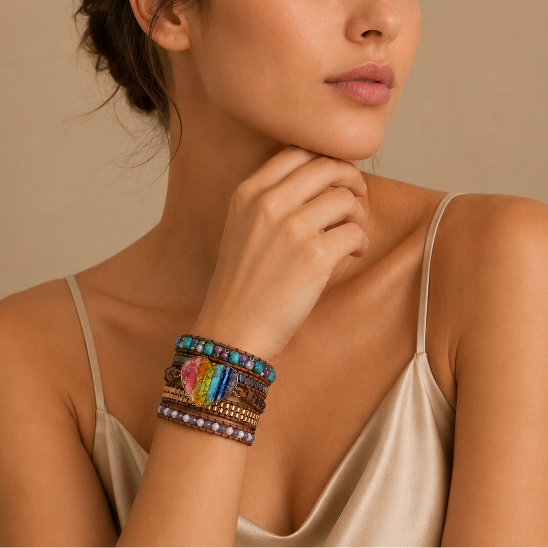Woman wearing a bracelet with colorful beads on a beige background