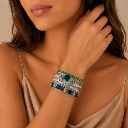 Close-up of a woman's arm wearing a colorful bracelet on a neutral background