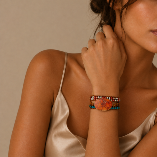 Woman wearing a colorful beaded bracelet on a neutral background