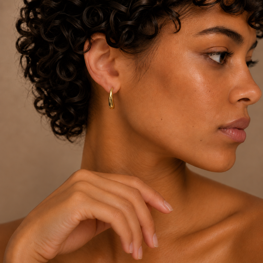 A close-up side profile of a woman with short curly dark hair wearing a small gold hoop earring against a warm beige background.
