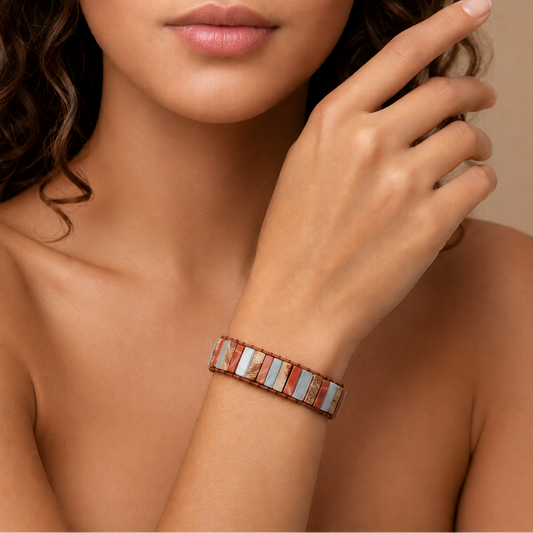 Close-up of a woman's arm wearing a colorful bracelet on a neutral background