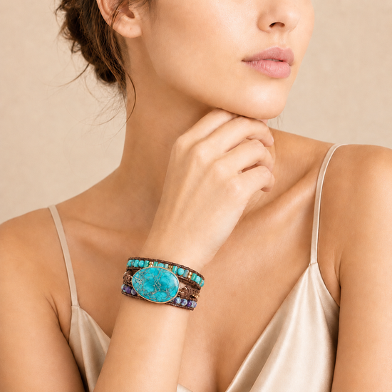 Woman wearing a turquoise bracelet on a beige background
