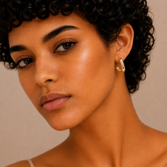 A close-up portrait of a woman with short curly dark hair wearing a small gold hoop earring. The background is a solid warm beige studio backdrop.