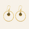 Gold hoop earrings with green stones on a beige background