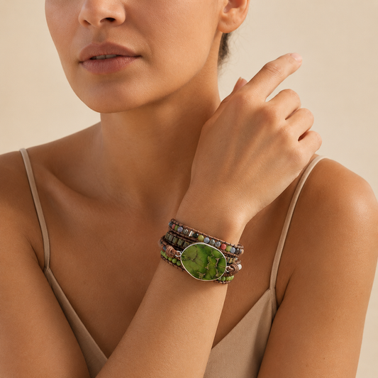 Woman wearing a green bracelet on a beige background