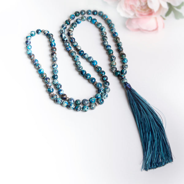 Handmade necklace with deep blue Jasper beads and a long silky tassel