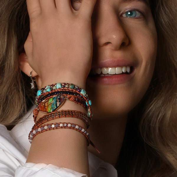 Handmade bracelet with vibrant imperial jasper stones, adjustable leather strap, and a stylish boho design.