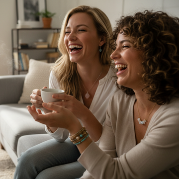 “Create a premium CLOSE UP lifestyle image featuring two women laughing naturally and sharing a relaxed moment together, such as having tea, sitting on a couch, or enjoying a calm morning. Their posture should be expressive, warm, and candid — capturing genuine emotion and connection. They should be wearing subtle natural stone jewellery like wrap bracelets, delicate gemstone necklaces, or small earrings that blend seamlessly with their movement. Use warm natural light, soft shadows, 