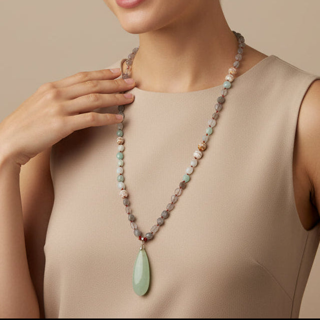 Handmade beaded necklace with a large green teardrop pendant, featuring mixed natural stones in soft earthy tones, perfect for a boho-inspired layered look.